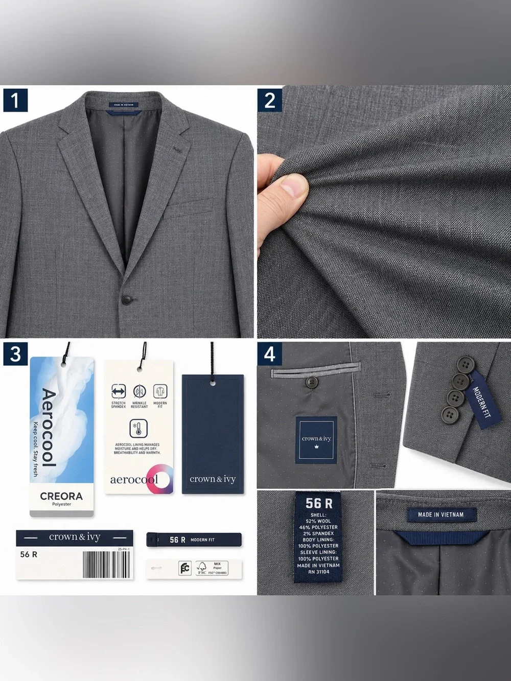 NWT Crown & Ivy Aerocool Gray Sport Coat Blazer Men's 56R Modern Fit Stretch
